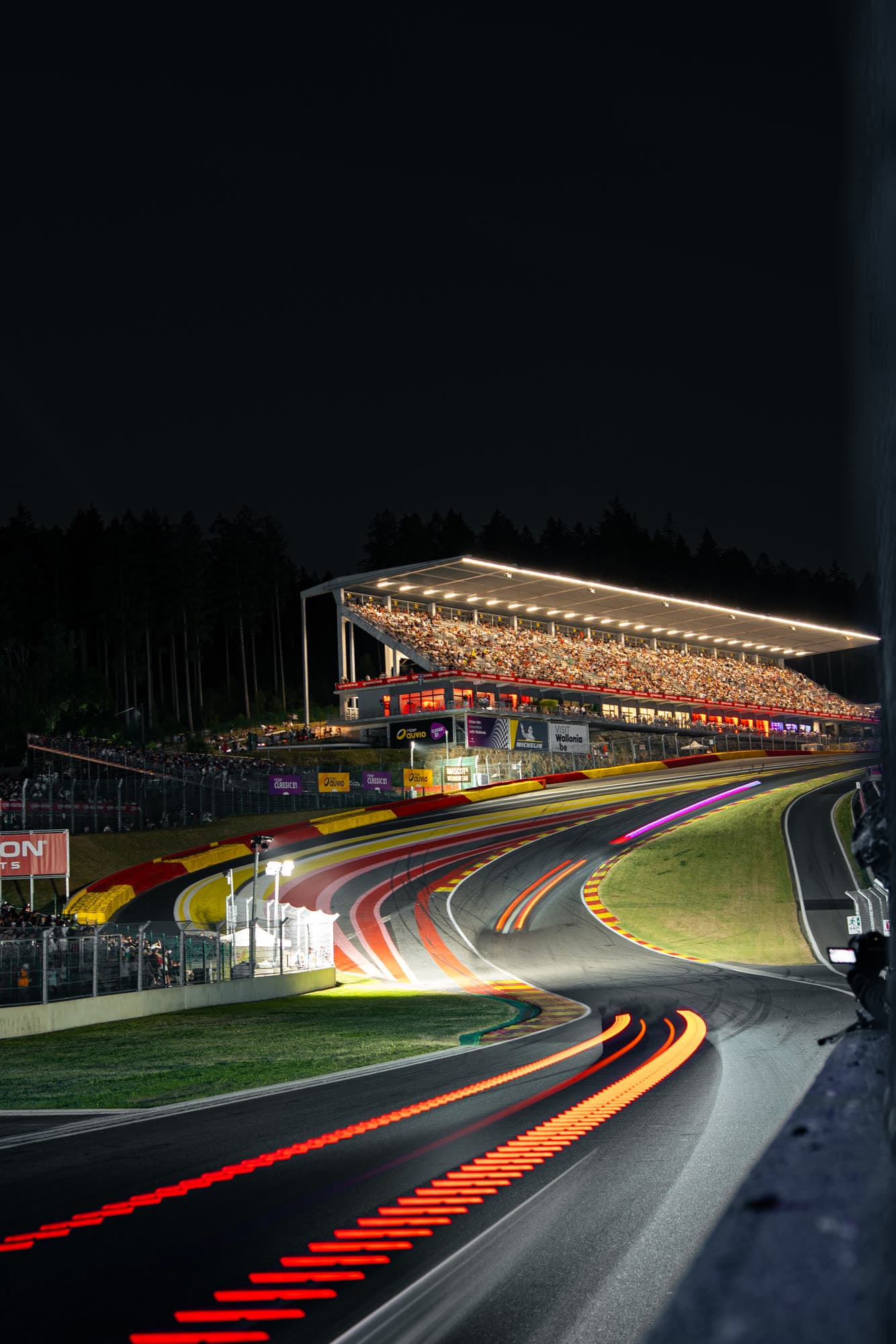 Light trails at Spa at night, shot with the camera locked down